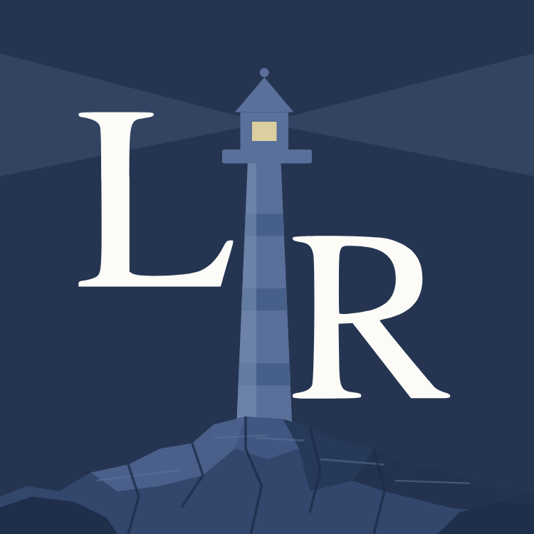 The Life Rock logo, the letters L and R in front of a lighthouse on a rock